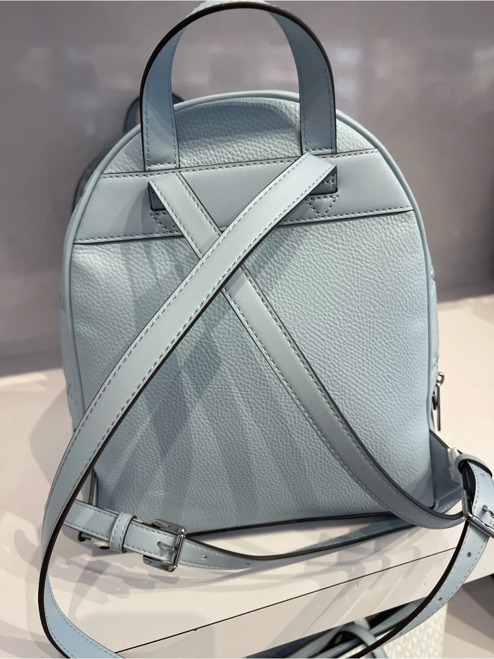 Michael Kors Rhea Medium Zip Logo Debossed Backpack Pale Ocean NWT